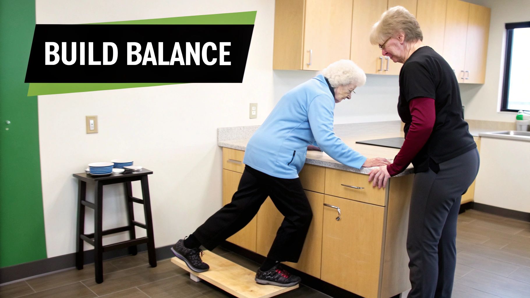 Two senior women practice balance exercises in a kitchen with a caregiver assisting.
