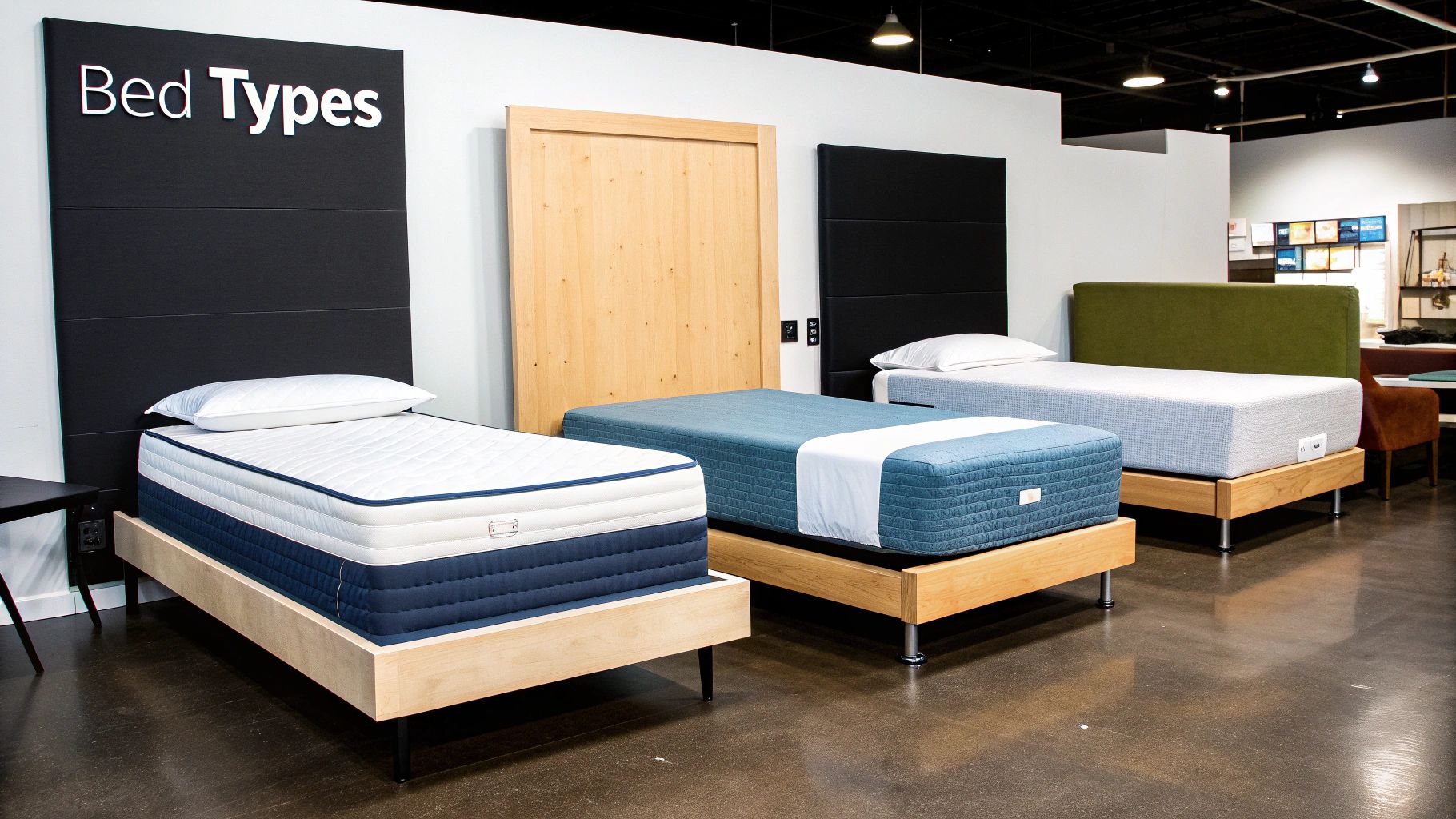 A furniture store display showcasing three different bed types with unique headboards and mattresses.