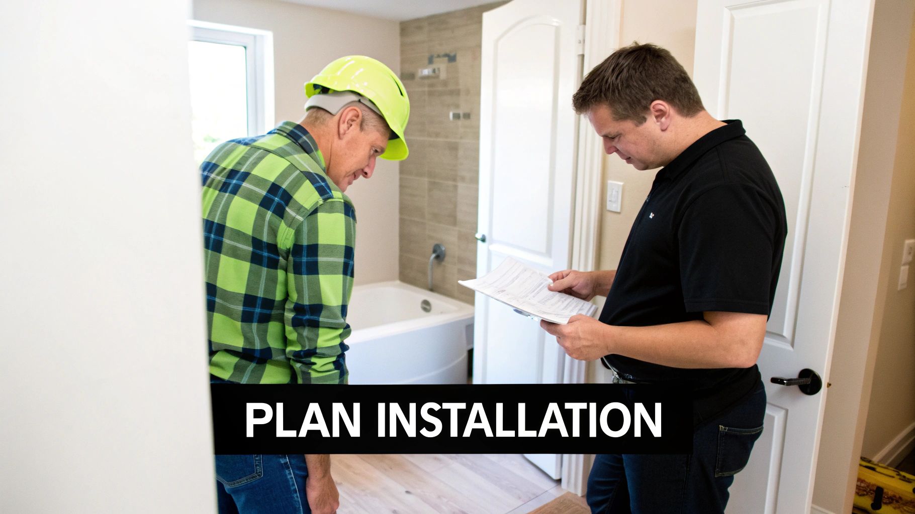 Two construction workers review installation plans in a modern bathroom with a new bathtub.