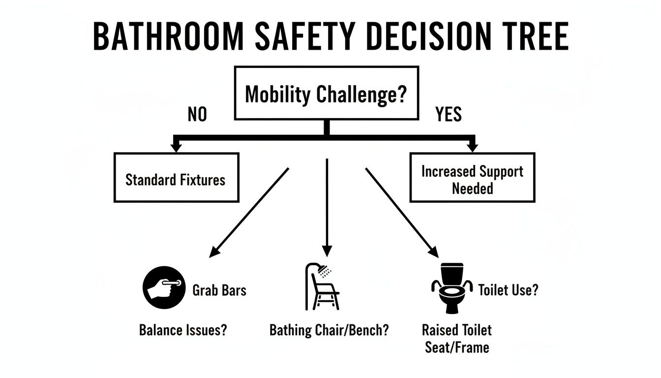 A bathroom safety decision tree flowchart illustrating options for individuals with mobility challenges.