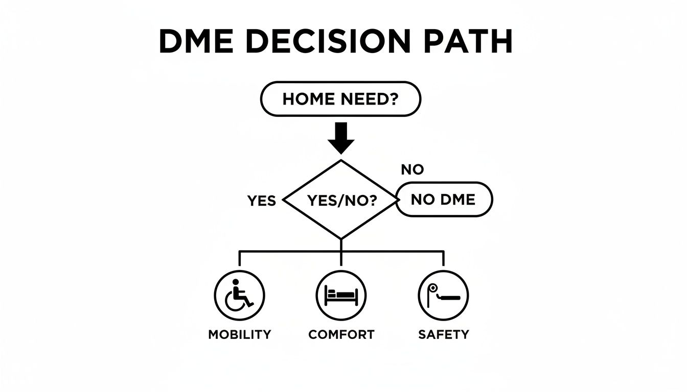 Flowchart illustrating the DME decision path for home needs, covering mobility, comfort, and safety.