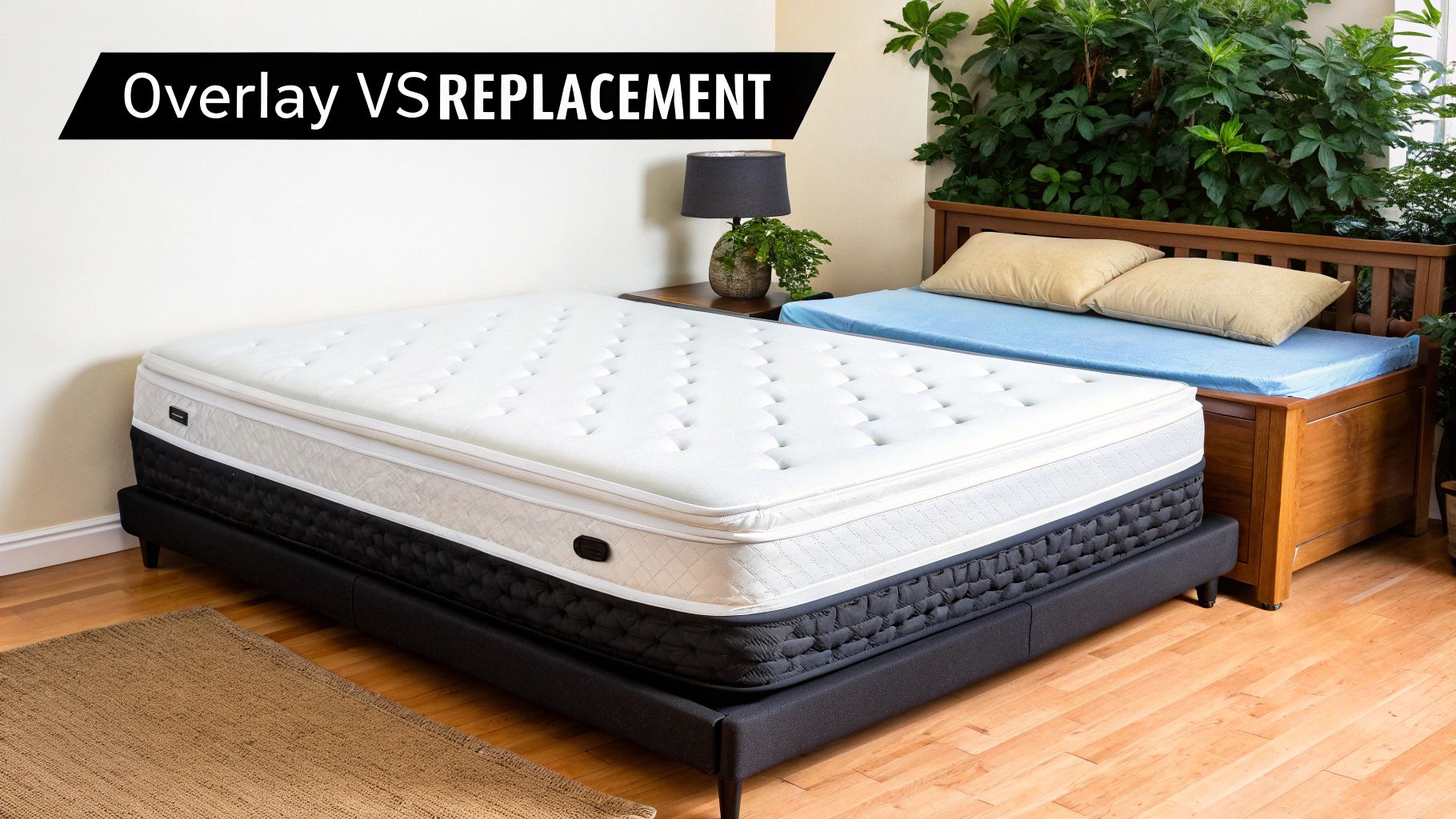 Two beds illustrating mattress overlay versus full mattress replacement options in a bedroom.