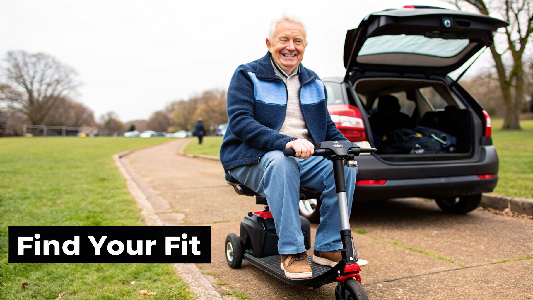 A smiling senior man on a black mobility scooter next to an open car trunk in a park.