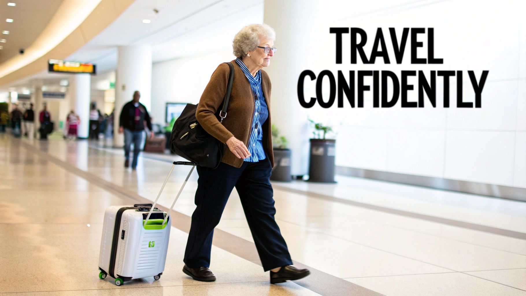 An elderly woman confidently walks through a modern airport terminal with a carry-on suitcase and shoulder bag.