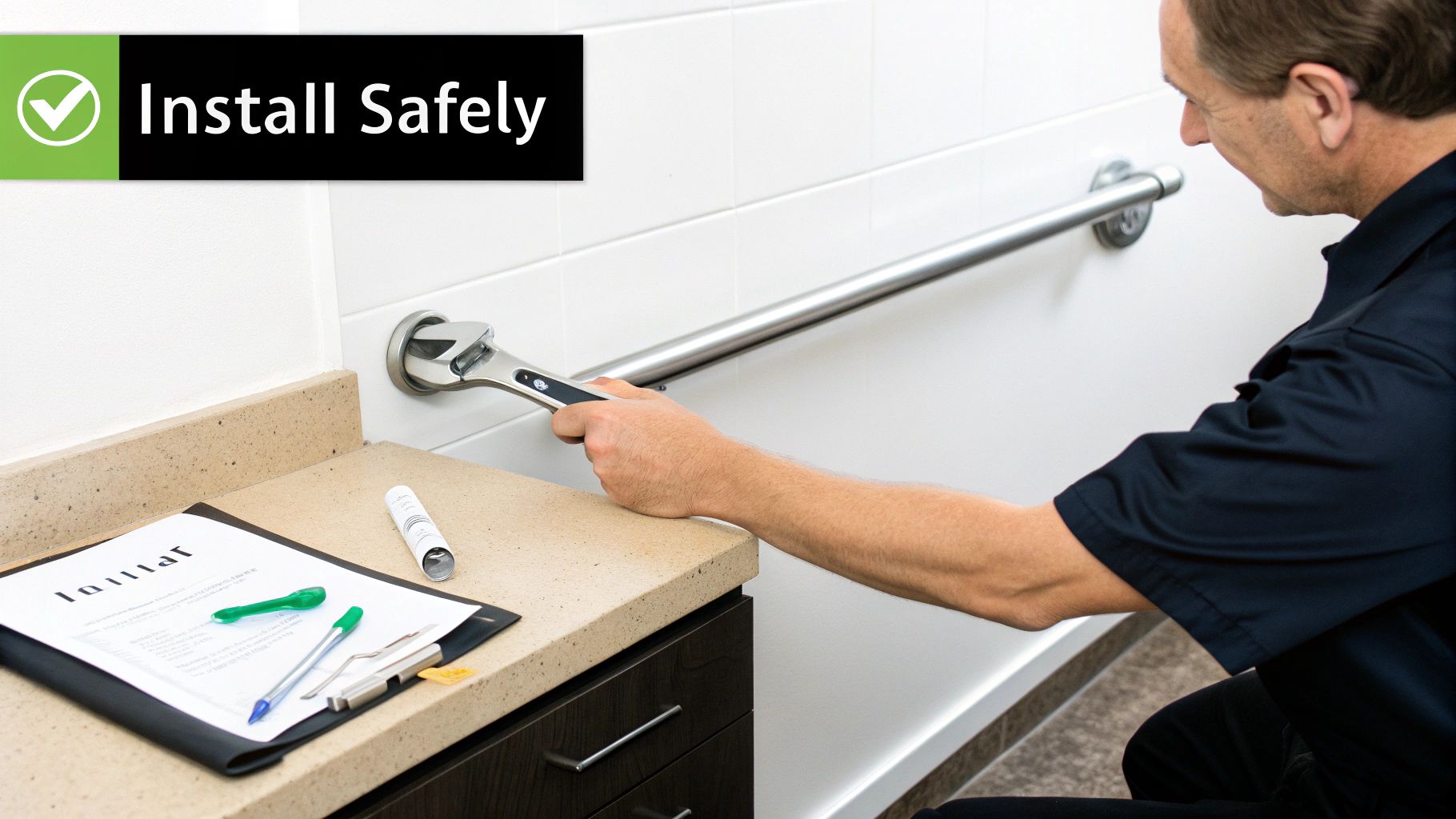 A man safely installs a silver grab bar on a white tiled wall in a bathroom, using a wrench.