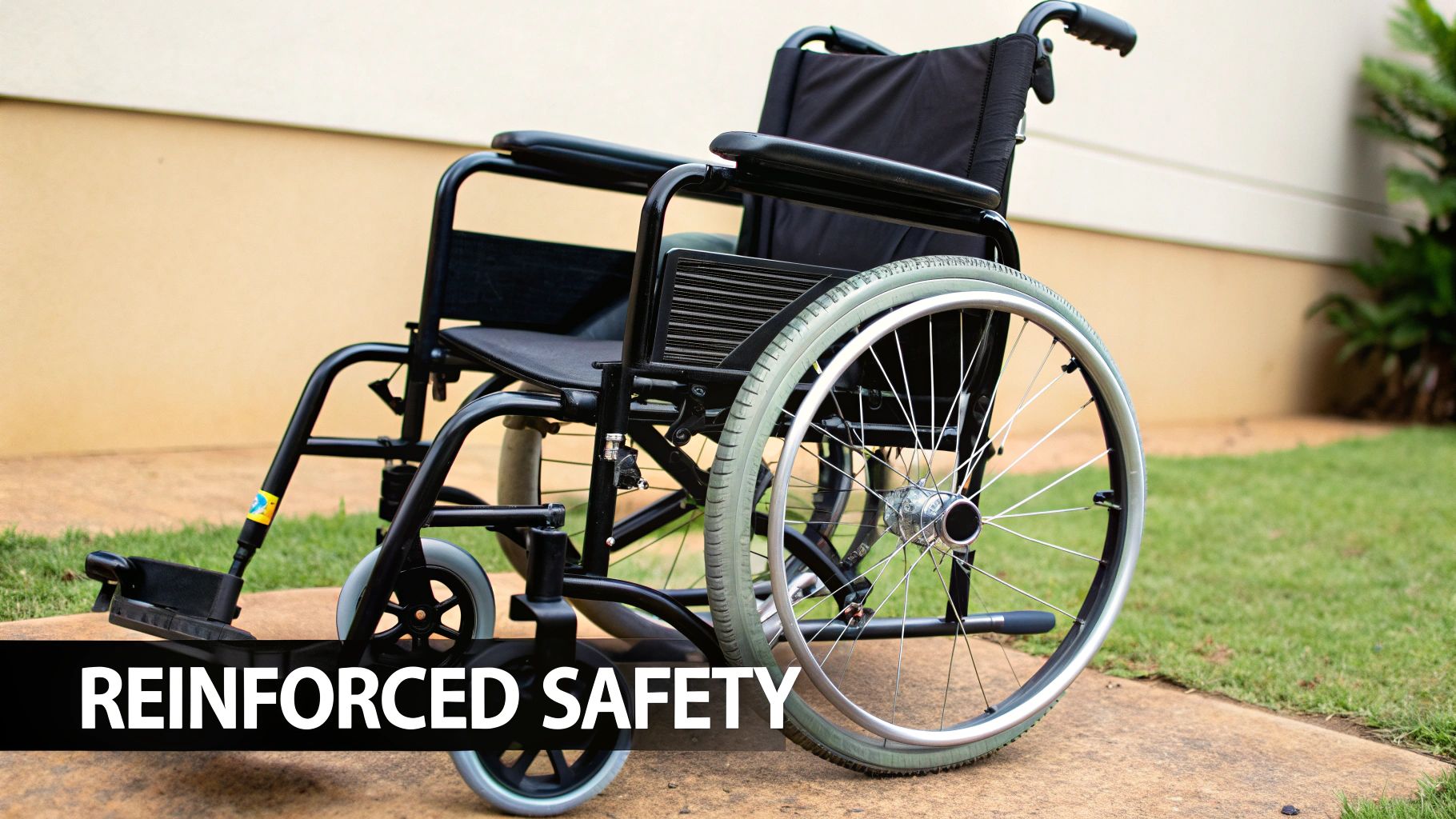 A black wheelchair with large wheels on a concrete path next to grass, with 'REINFORCED SAFETY' text.