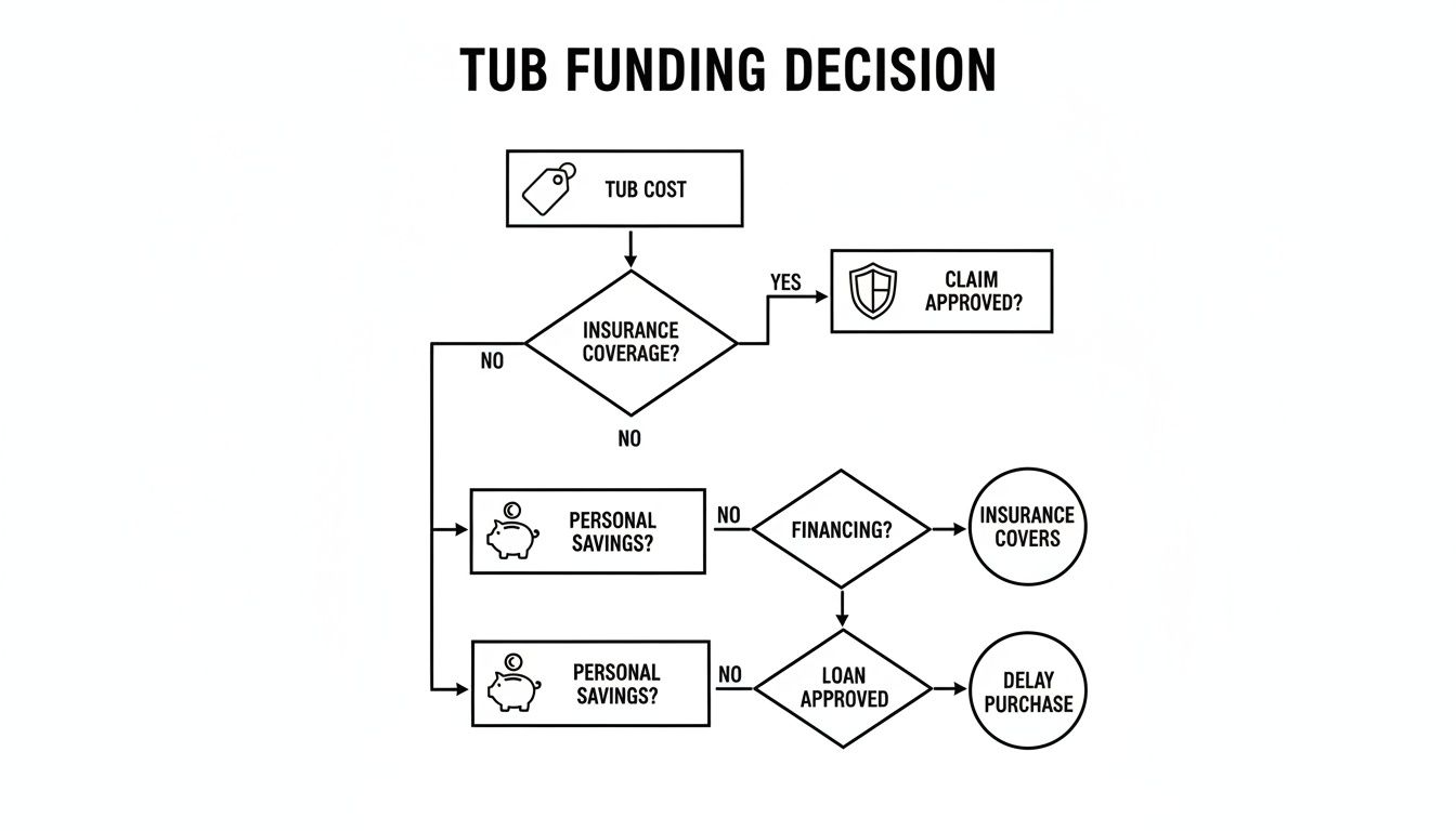 A flowchart titled 'Tub Funding Decision' illustrating steps for financing a tub through insurance, savings, or loans.