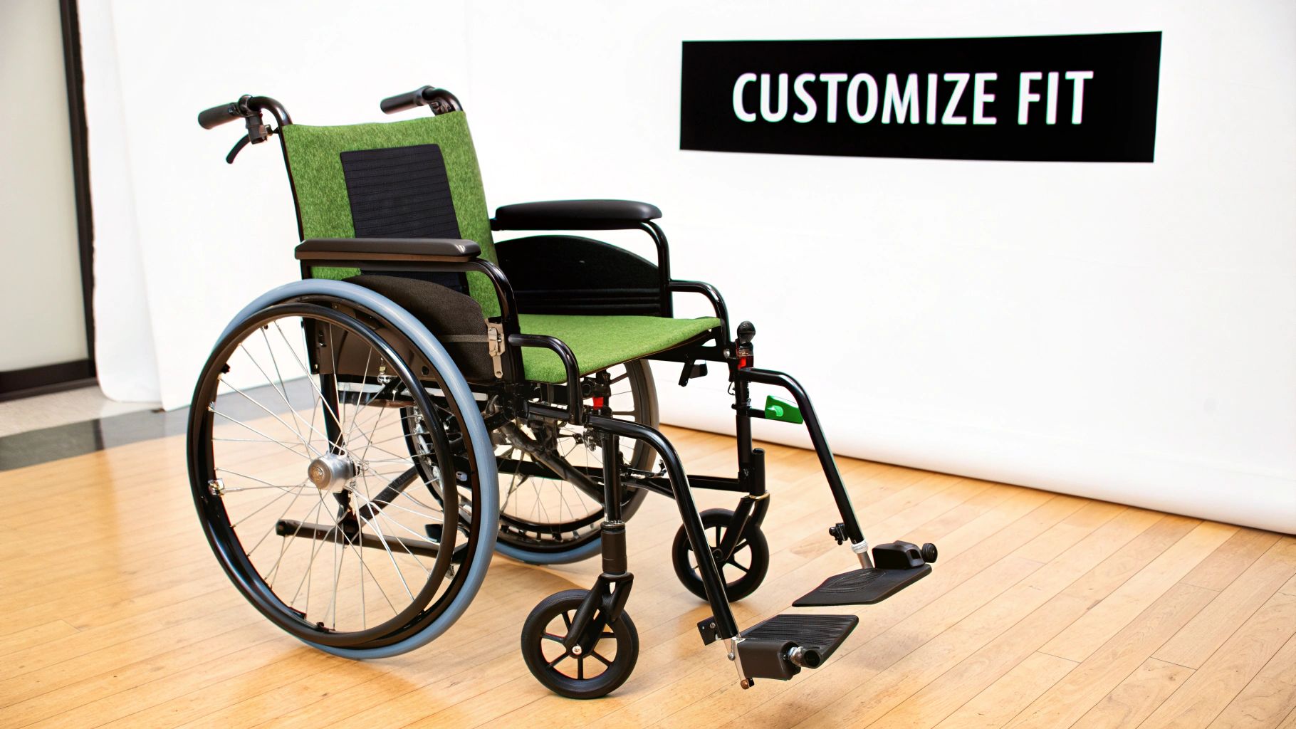 A modern black wheelchair with a green fabric seat and backrest on a wooden floor, with a 'CUSTOMIZE FIT' sign.