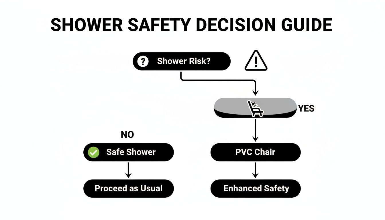 Flowchart for shower safety decisions, assessing risk and recommending PVC chairs for enhanced safety.