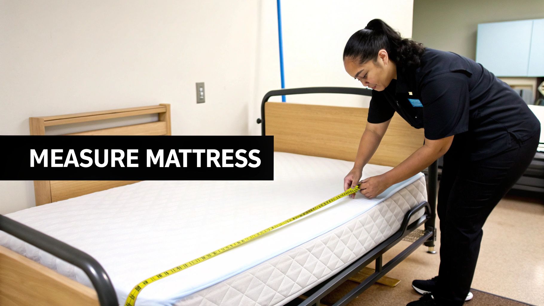 A healthcare worker measures a white mattress on a hospital bed with a yellow tape measure.