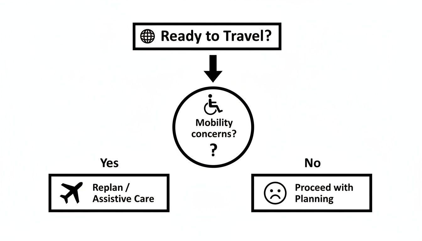 Flowchart: Ready to travel? If mobility concerns, replan assistive care. If no, proceed with planning.