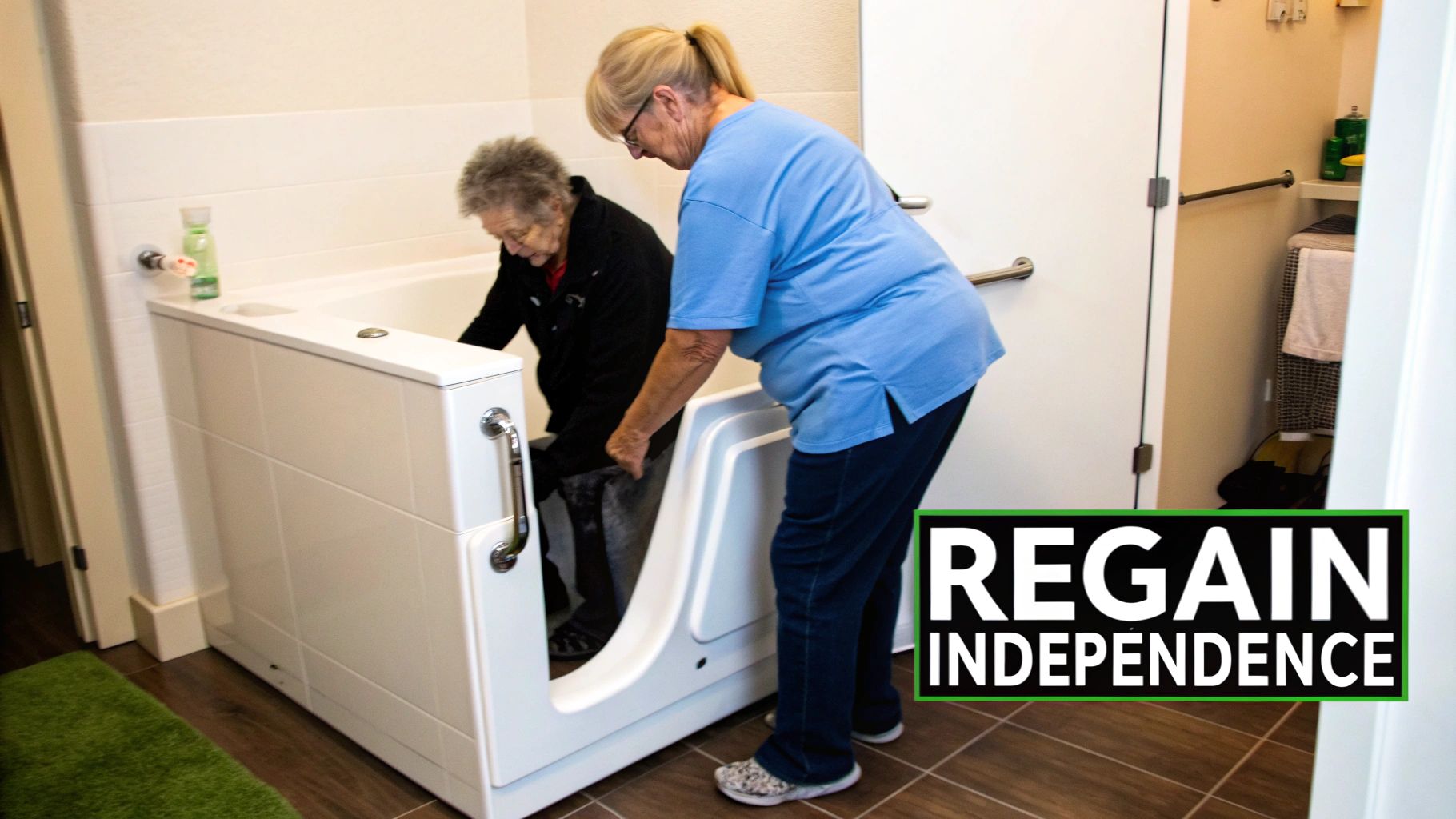 A caregiver assists an elderly woman into an accessible walk-in bathtub in a modern bathroom.