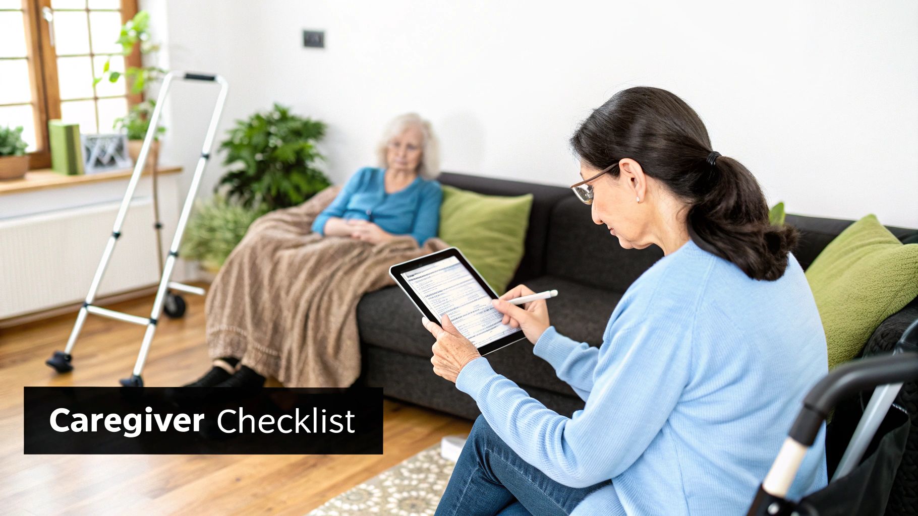 A caregiver uses a tablet to manage a checklist while an elderly woman relaxes on a couch.