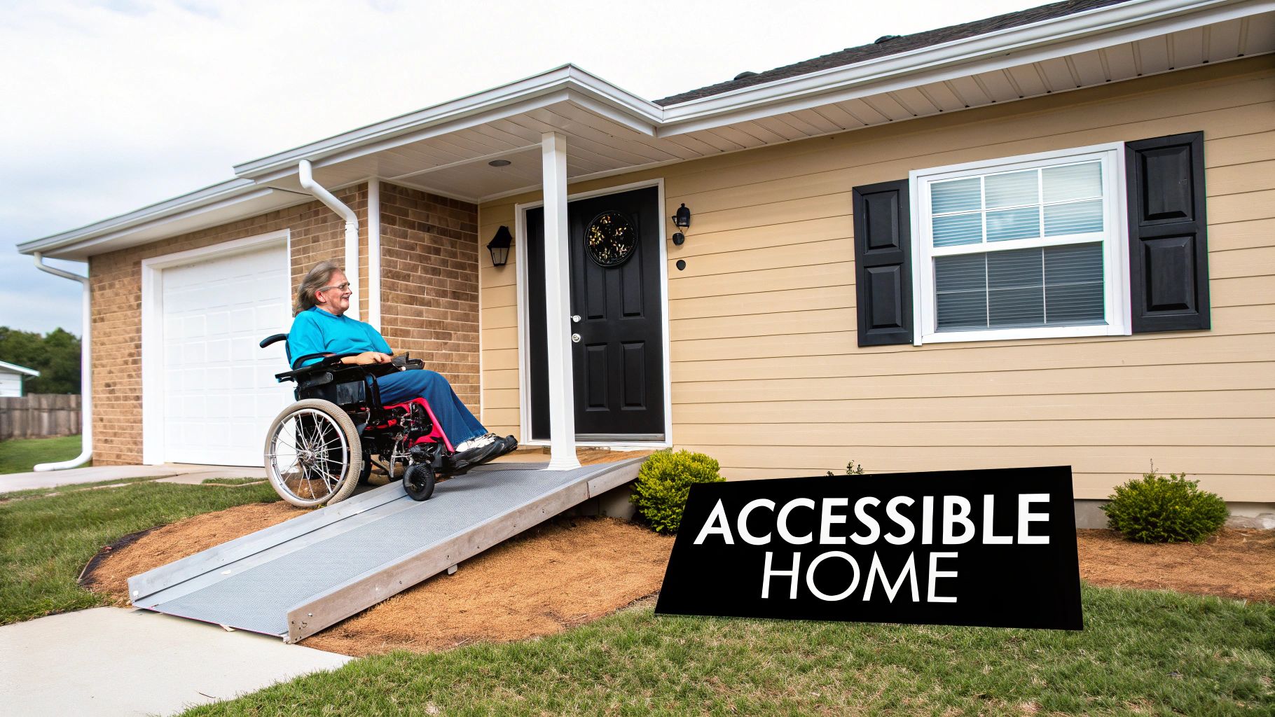 A smiling person in a power wheelchair goes up a ramp to an accessible house.