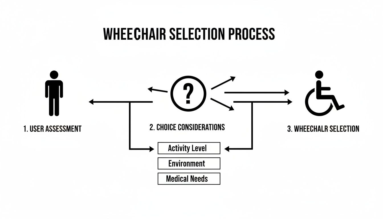 Flowchart illustrating the wheelchair selection process, including user assessment, choice considerations, and final selection.
