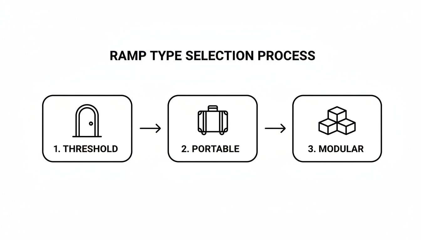Flowchart illustrating the ramp type selection process, including Threshold, Portable, and Modular ramps.