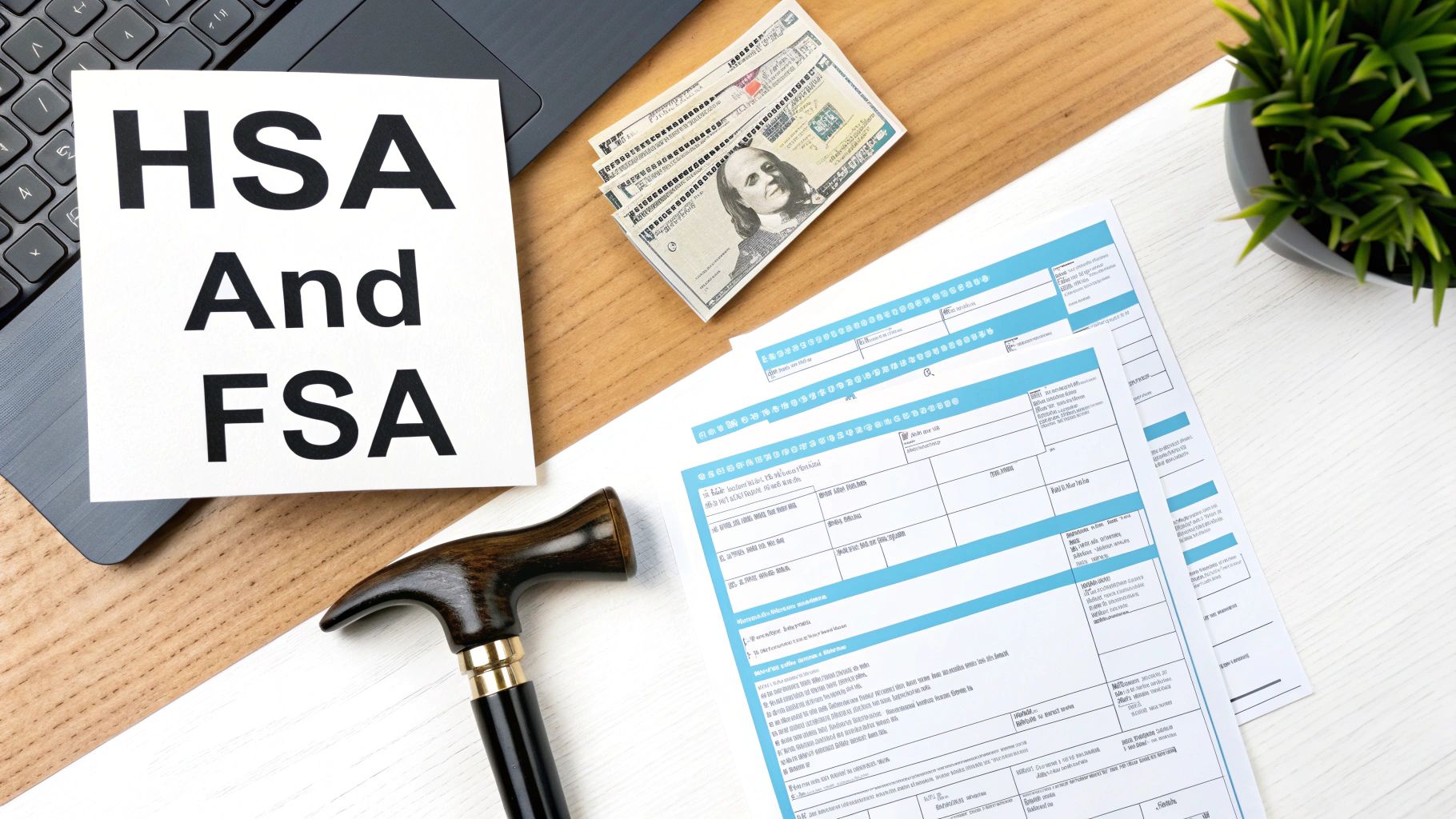 A flat lay on a desk showing a card with HSA and FSA, cash, medical forms, and a cane.