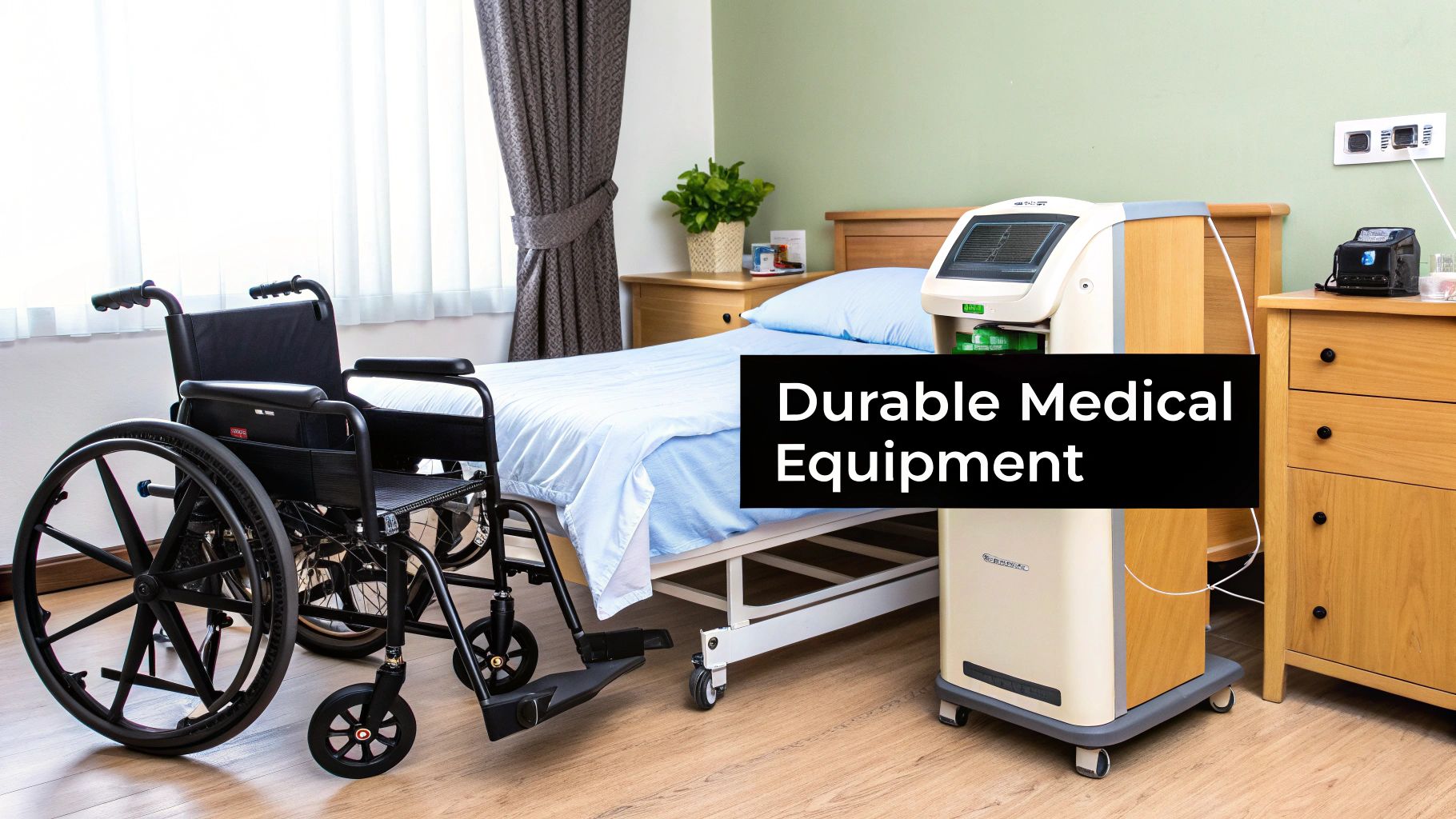 A room with a wheelchair, hospital bed, and various durable medical equipment.