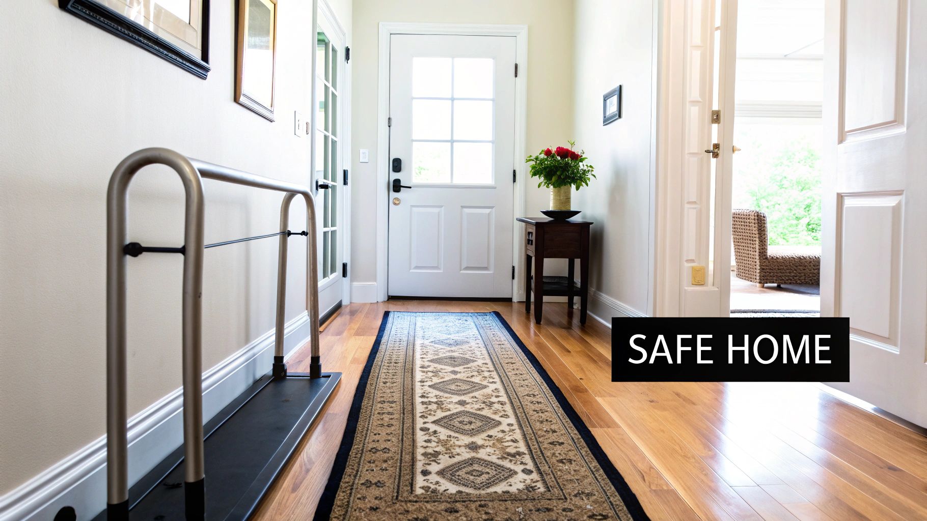 Bright, inviting home entryway with hardwood floors, a patterned rug, and a mobility aid.