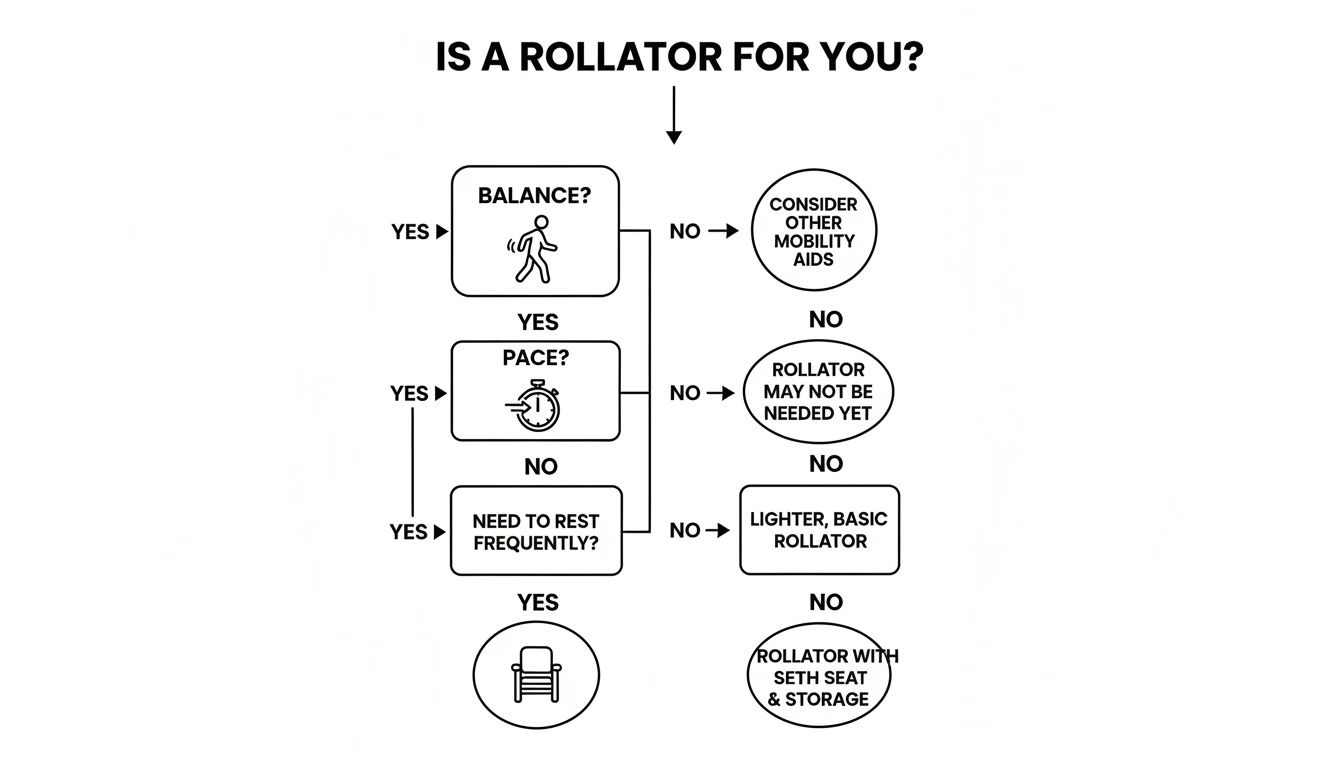 A flowchart guiding users to determine if a rollator is suitable based on questions about balance, pace, and need to rest frequently.