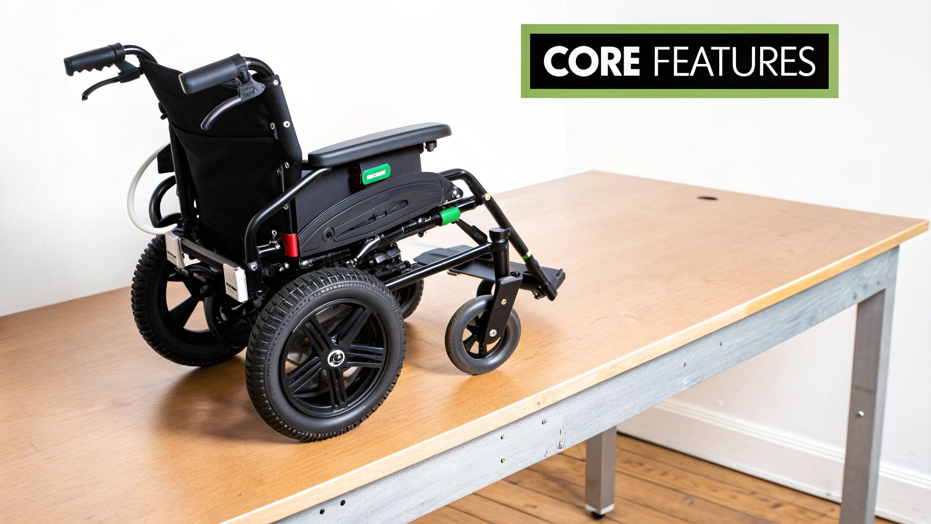 A black foldable electric wheelchair with large wheels is displayed on a light wooden table from a side perspective.