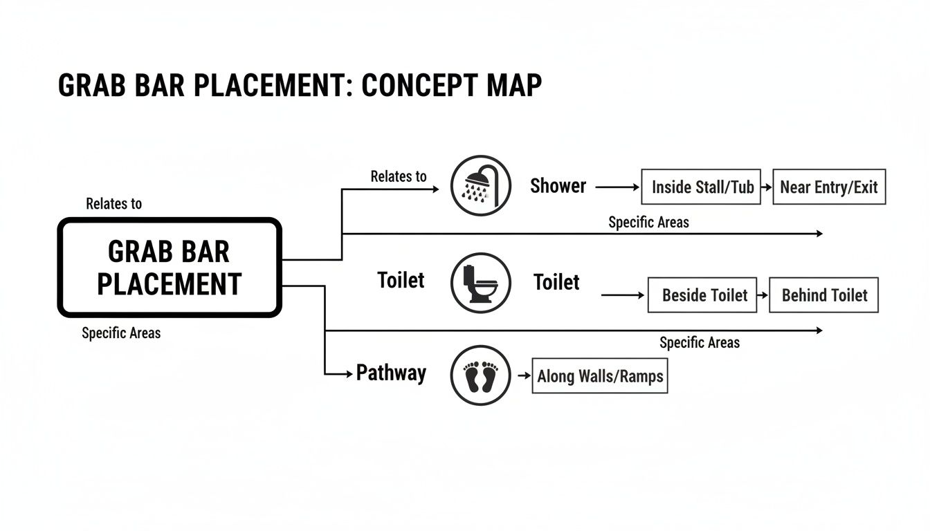 Concept map detailing grab bar placement guidelines for showers, toilets, and pathways, enhancing safety.