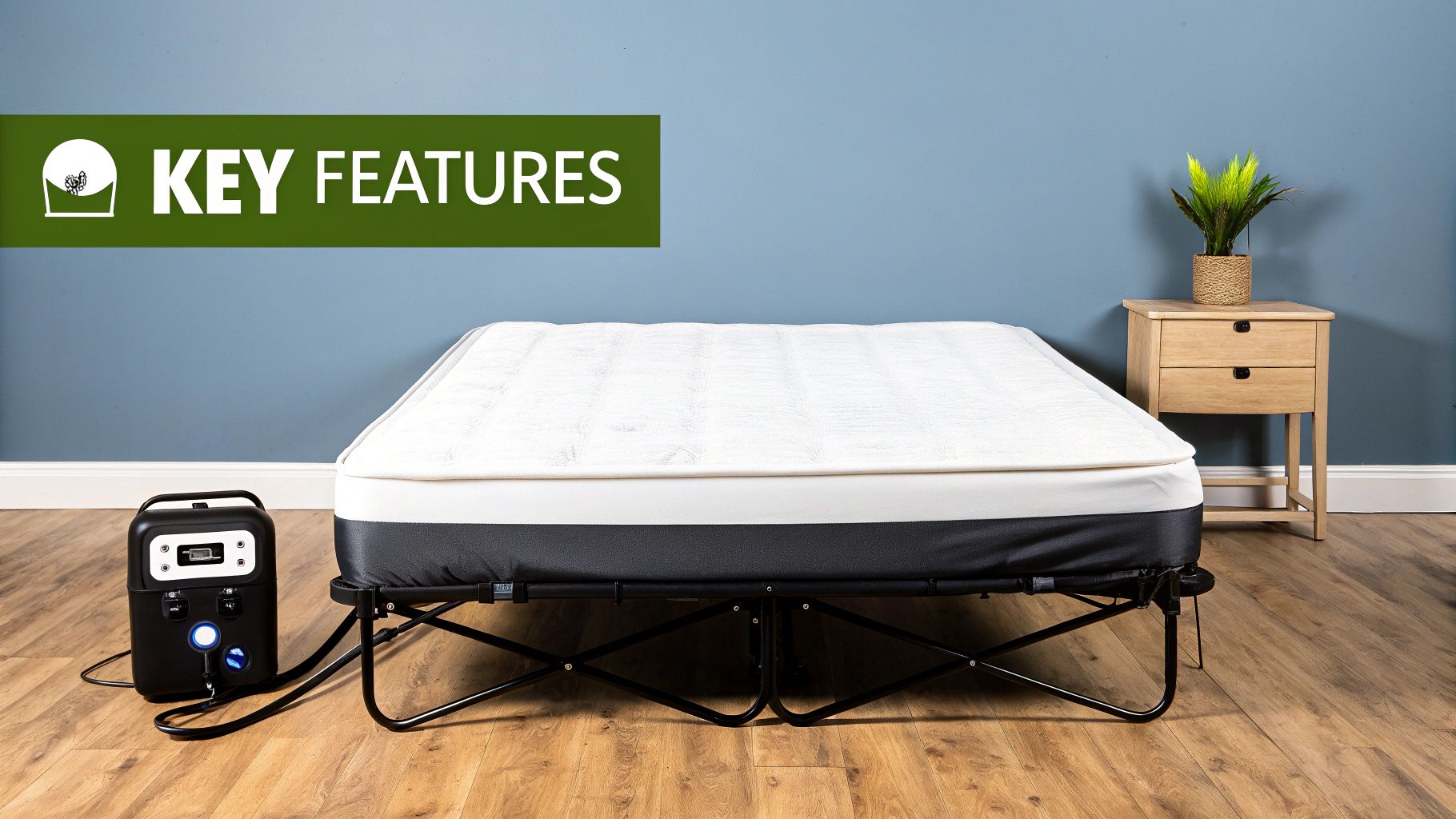 A white low air loss mattress on a black portable bed frame with an air pump system.