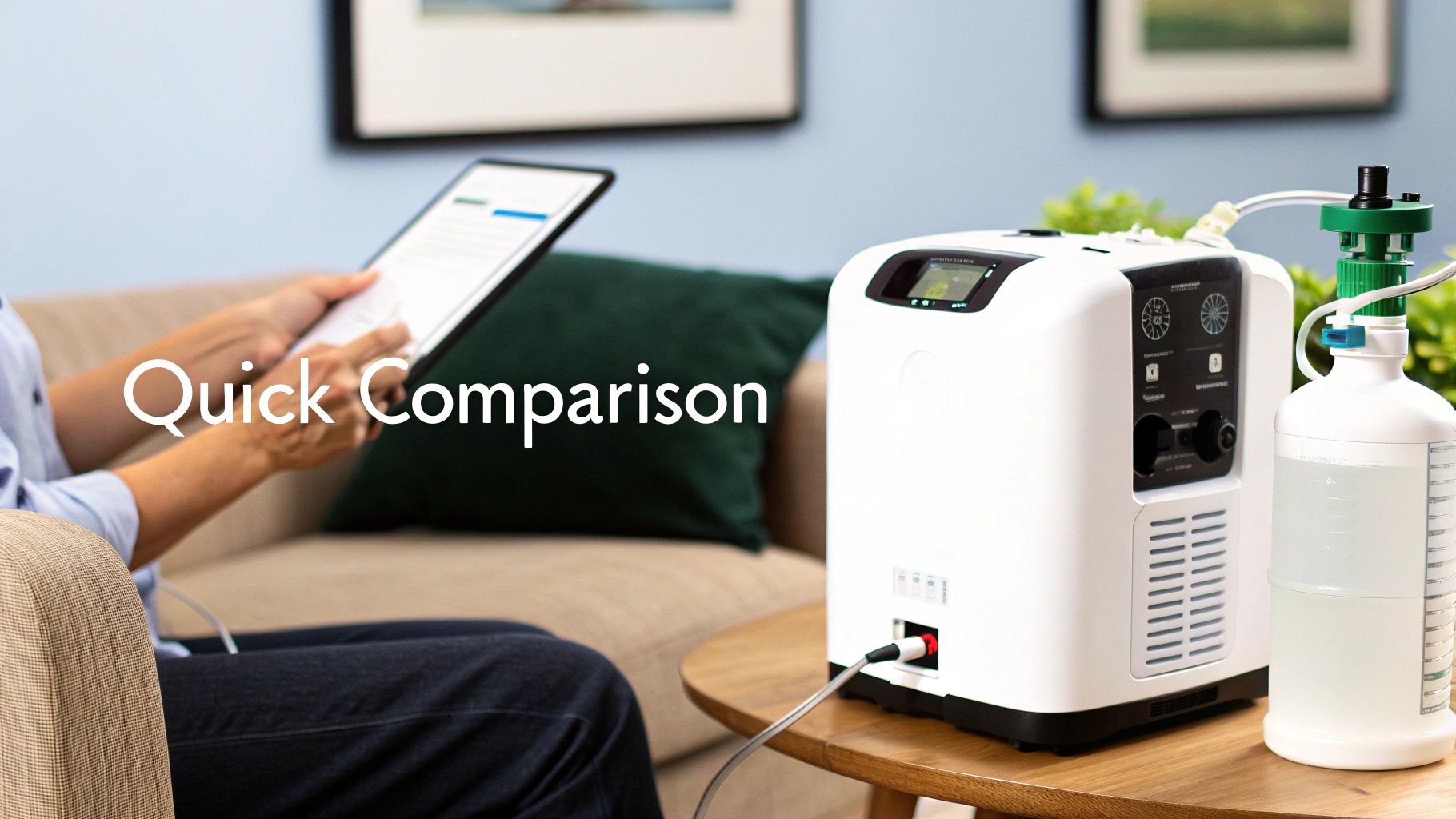 A person uses a tablet while an oxygen concentrator and humidifier sit on a table.