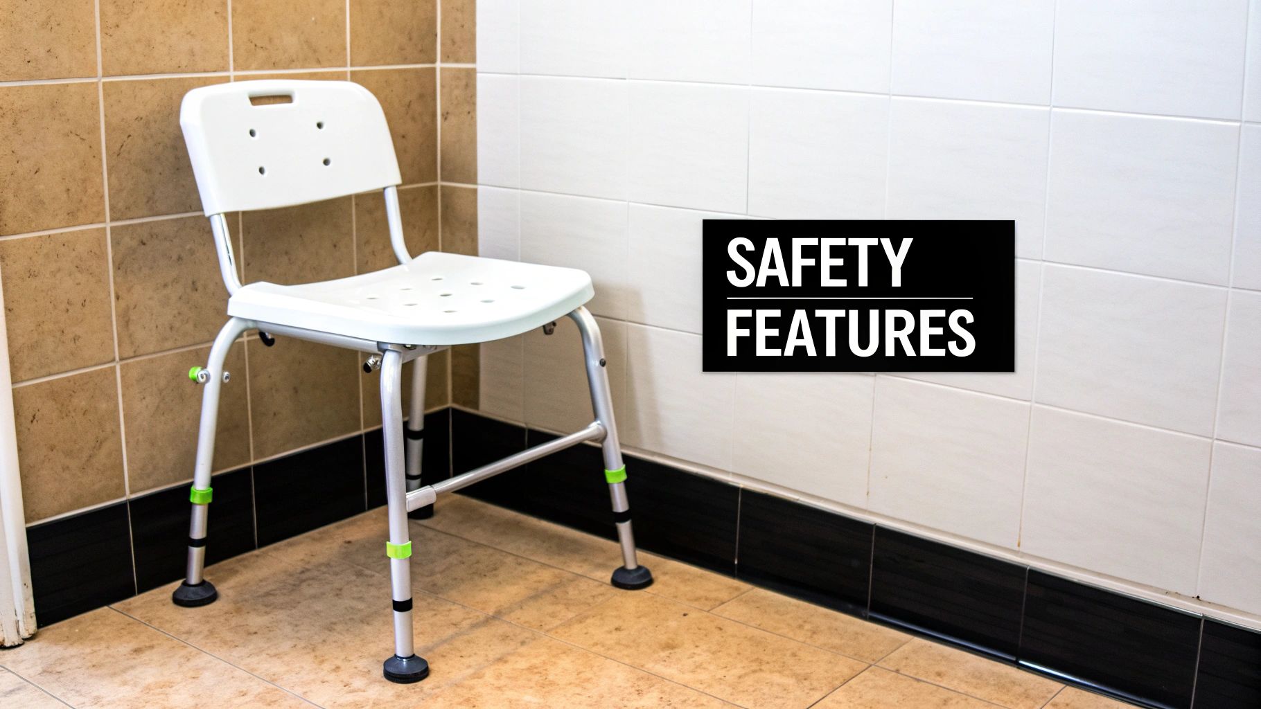 A white PVC shower chair with adjustable legs and non-slip feet, labeled "SAFETY FEATURES" in a tiled bathroom.