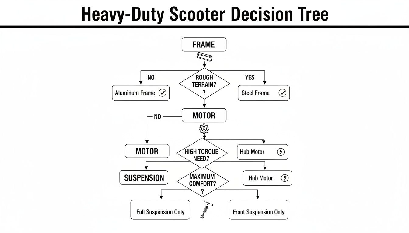Decision tree diagram for selecting heavy-duty scooter components based on terrain, torque, and comfort needs.