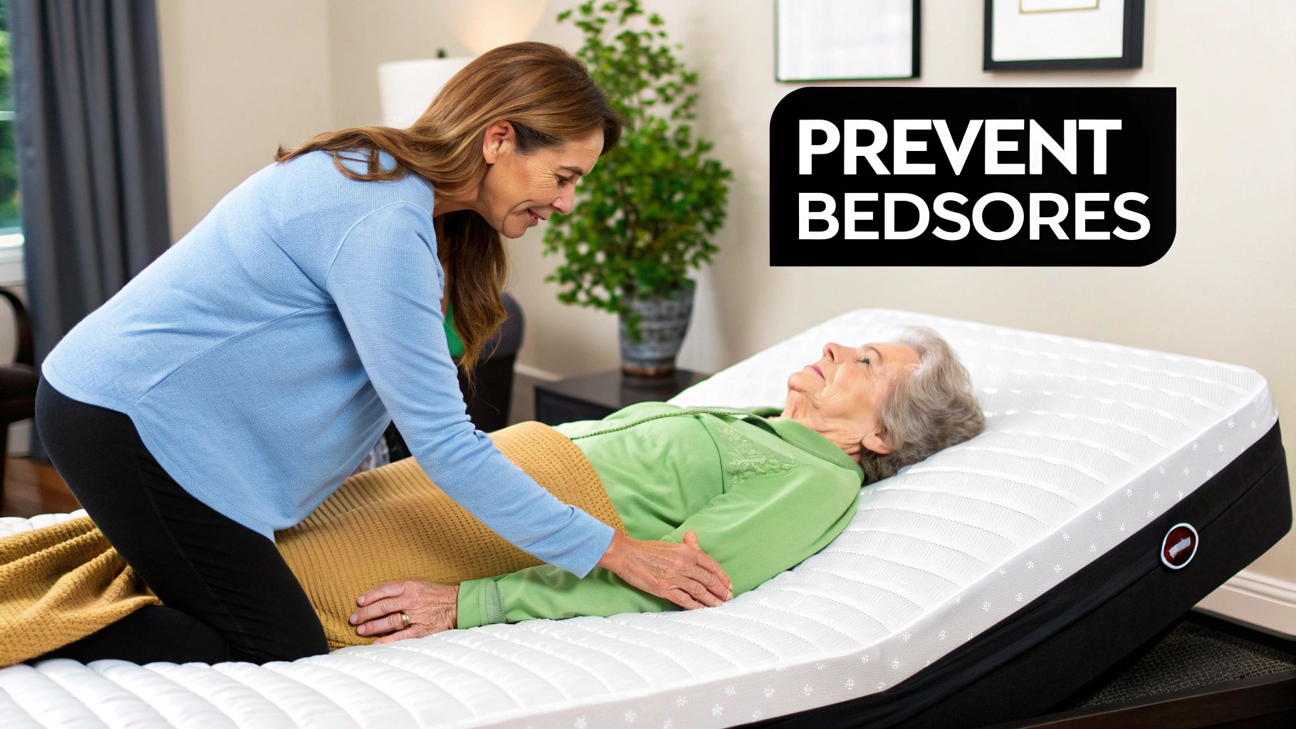 A caregiver helps an elderly woman reposition on a white adjustable medical bed to prevent bedsores.