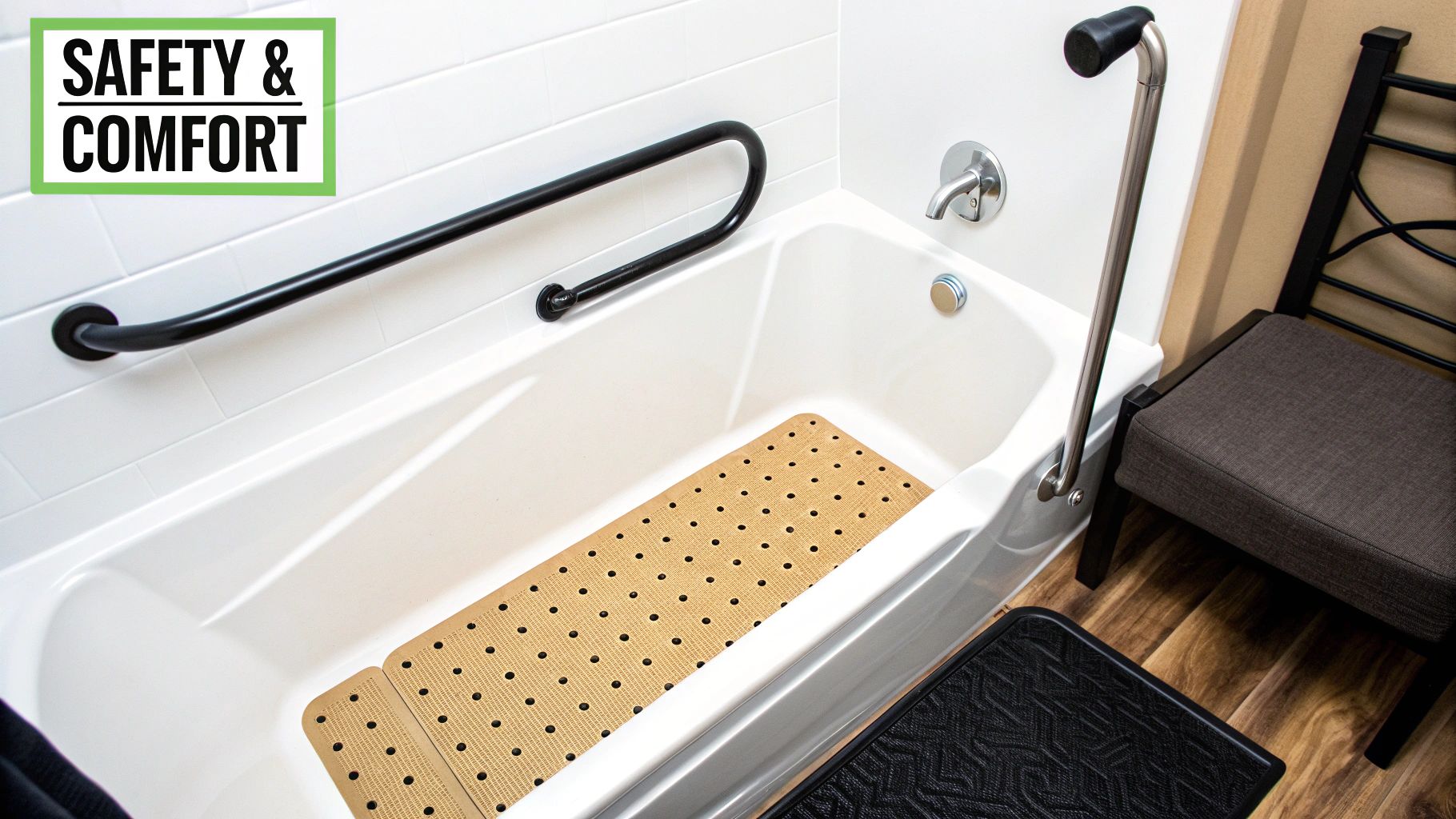 A bathtub equipped with safety features including grab bars, a non-slip mat, and a step stool.
