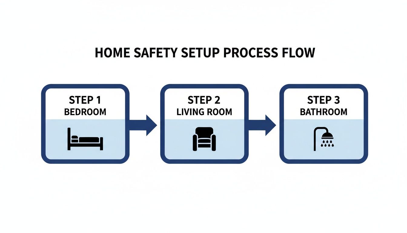 A home safety setup process flow diagram showing steps for bedroom, living room, and bathroom safety.