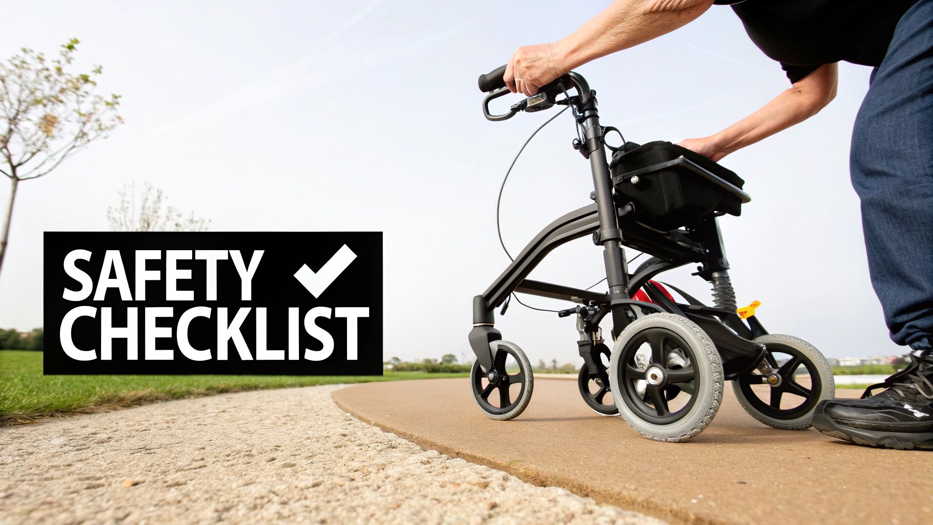 A person uses a rollator walker outdoors on a paved path, with a "SAFETY CHECKLIST" sign.