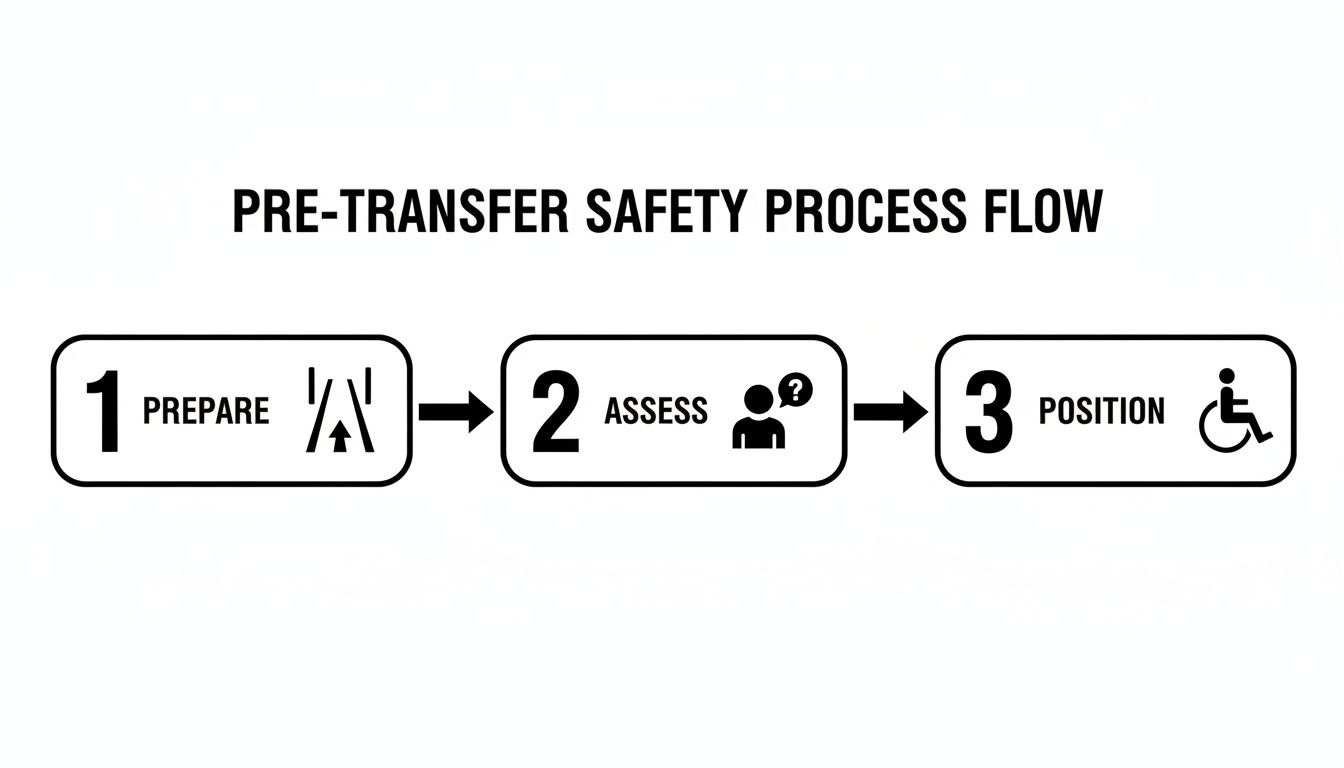 Pre-transfer safety process flow diagram with three steps: Prepare, Assess, and Position.