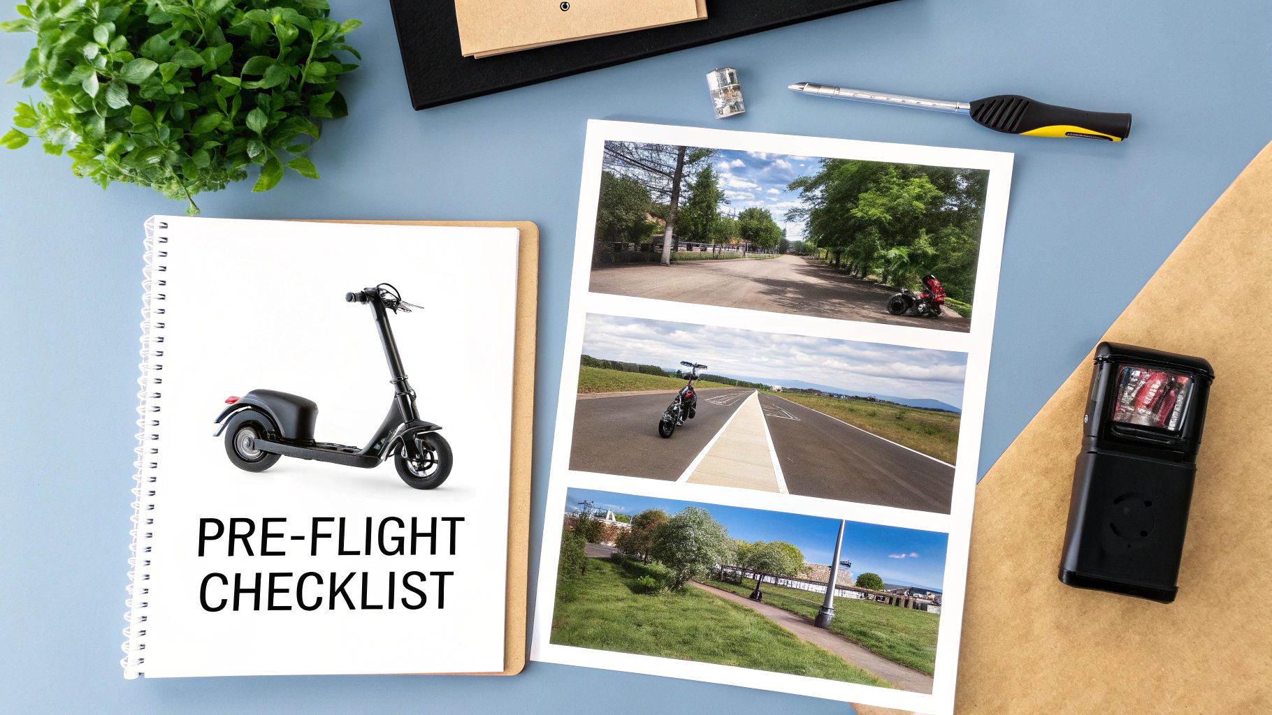 Flat lay of an electric scooter on a 'PRE-FLIGHT CHECKLIST' notebook, next to travel photos.
