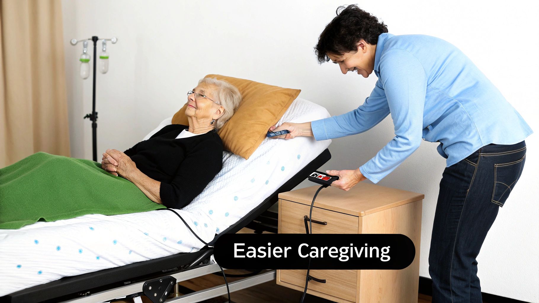 A caregiver smiles while adjusting an elderly woman's adjustable bed with a remote control for easier care.