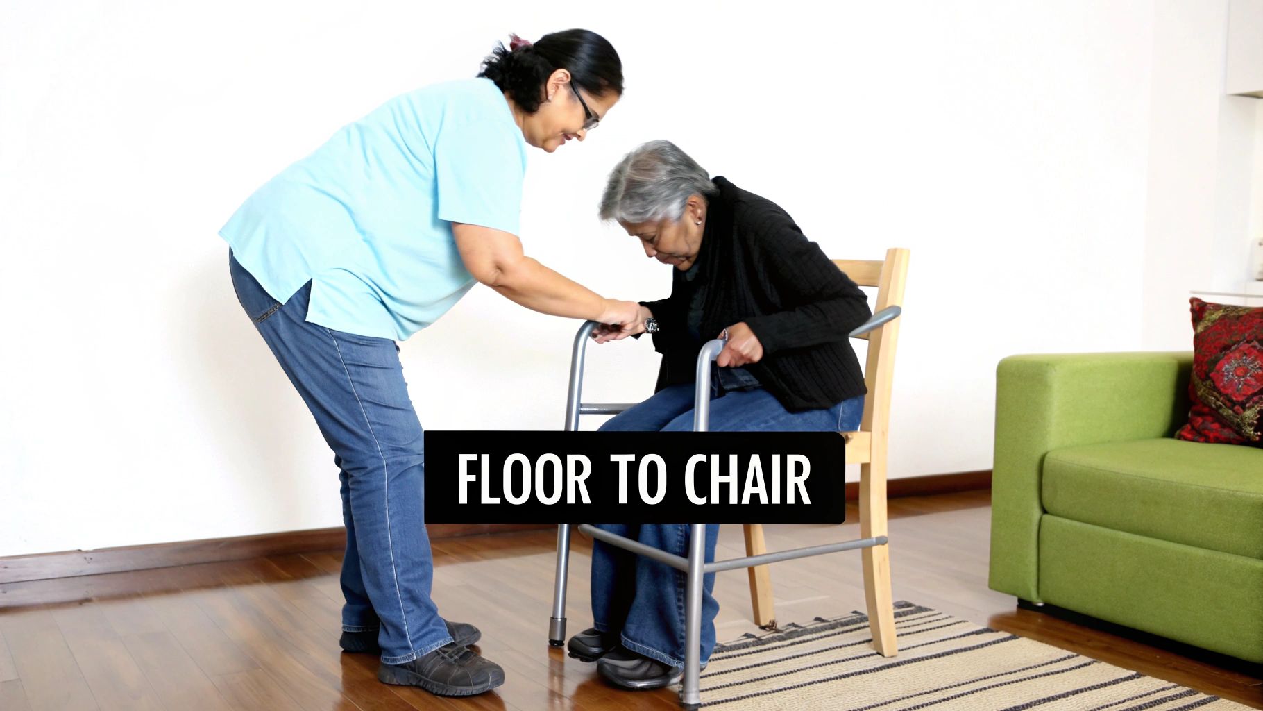 Caregiver helps elderly woman with a walker in a safe floor-to-chair transfer.