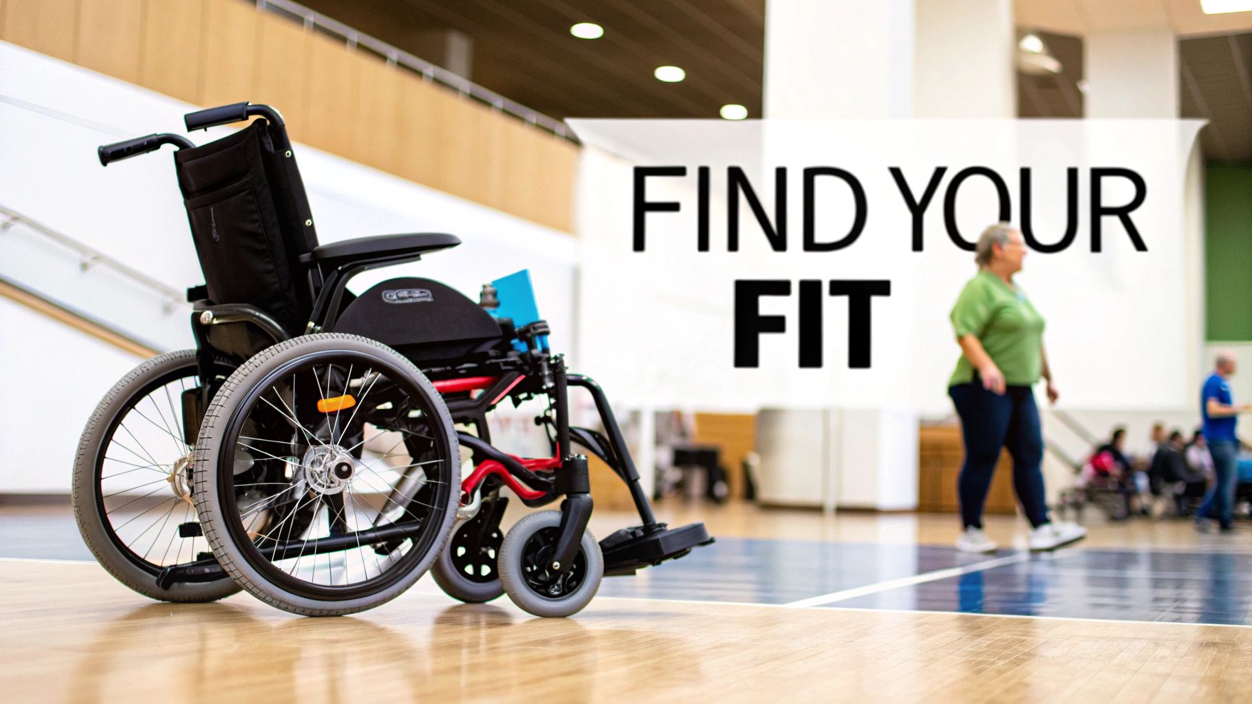 A lightweight black and red wheelchair sits on a wooden gym floor with 'FIND YOUR FIT' text and people.