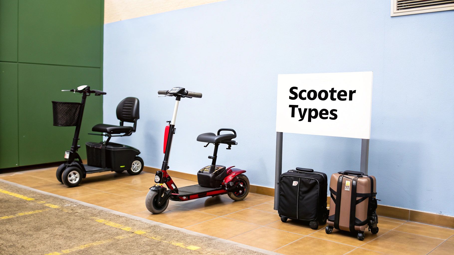 Two different mobility scooters and a 'Scooter Types' sign displayed with suitcases on a tiled floor.