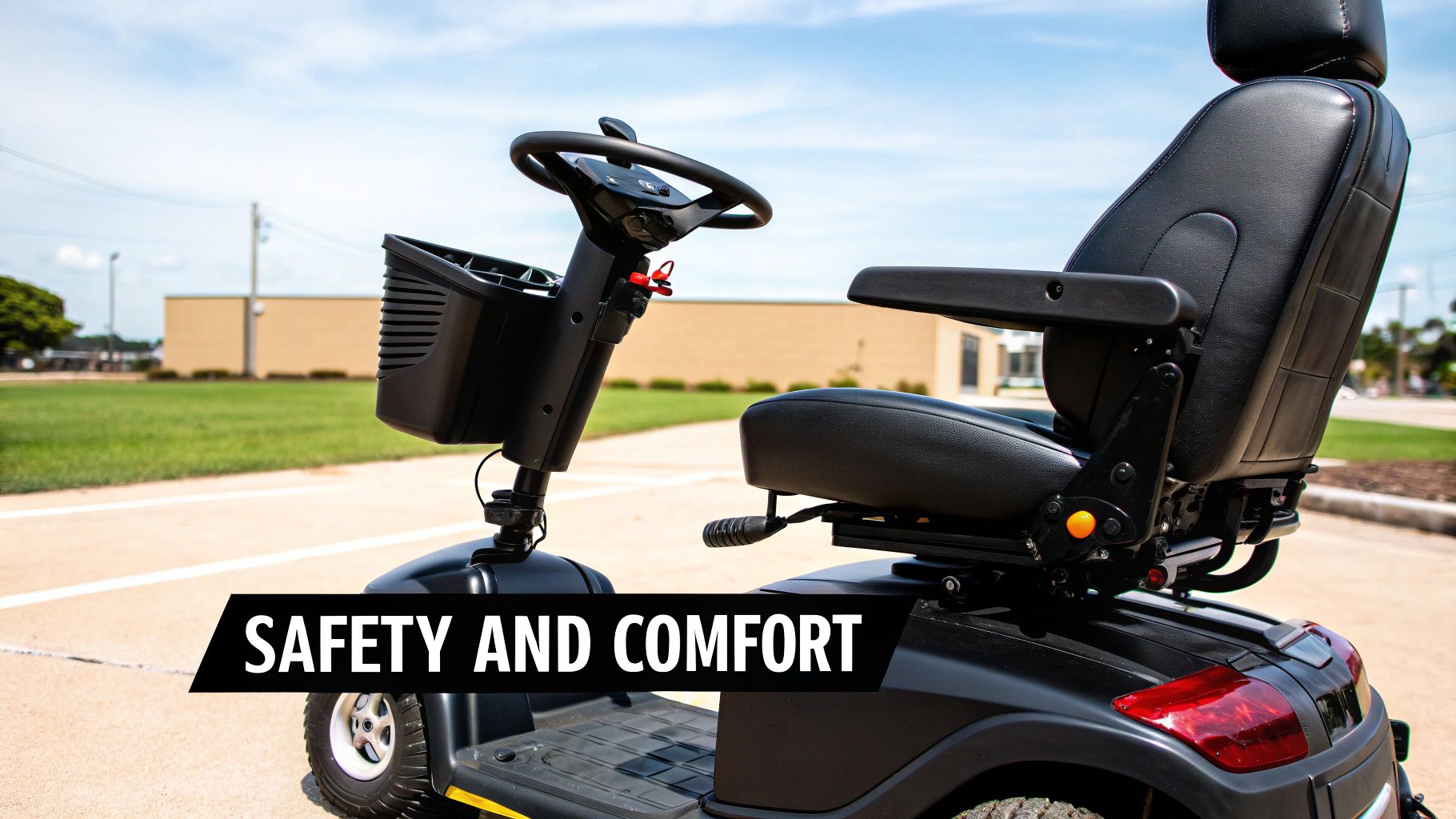 A black heavy-duty mobility scooter with a comfortable seat and front basket, emphasizing safety and comfort.