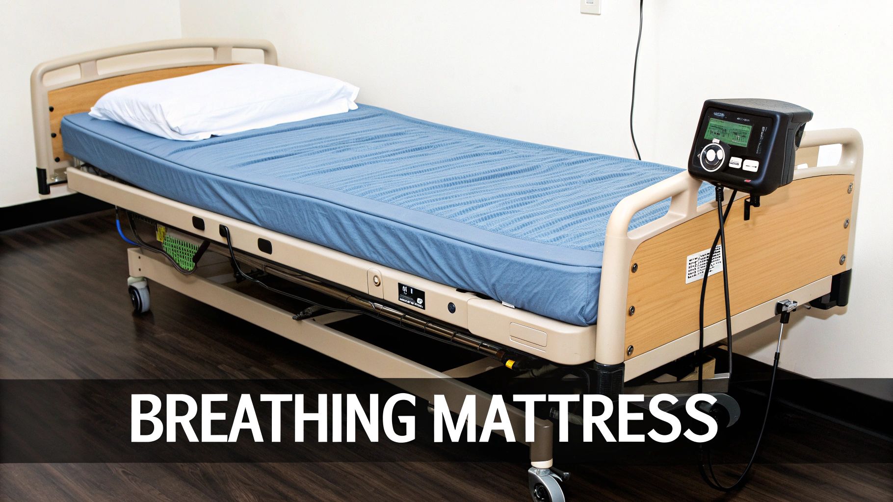 A hospital bed with a blue low air loss mattress, white pillow, and an attached control unit.