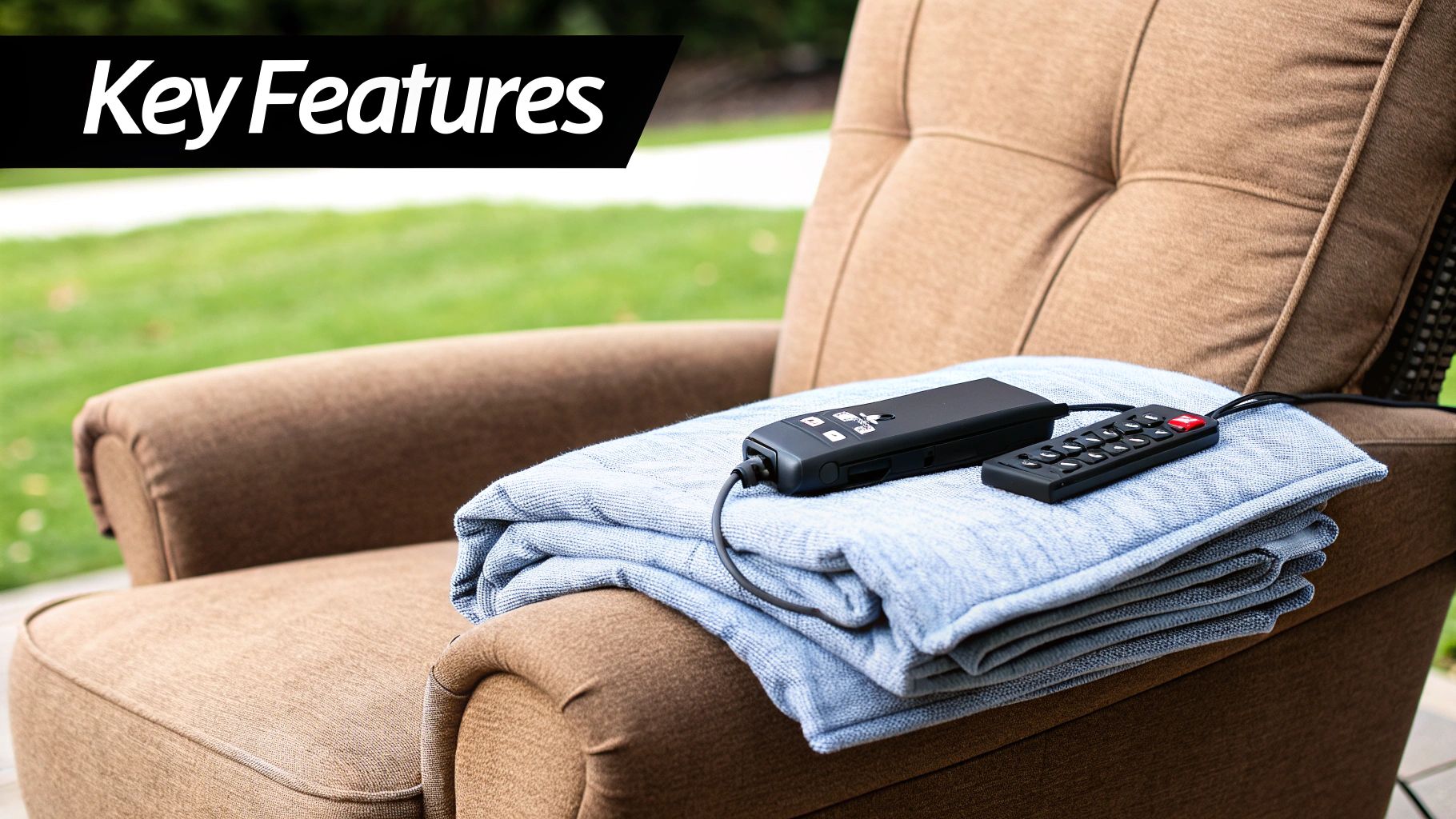 Brown outdoor chair with a folded blue blanket and two remote controls for key features.