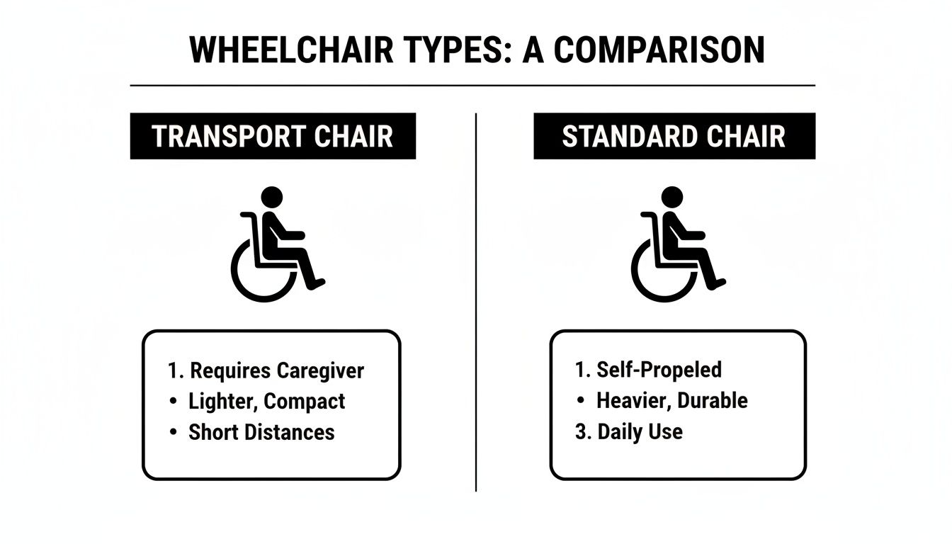A comparison chart of transport and standard wheelchairs, outlining key features and uses for each type.