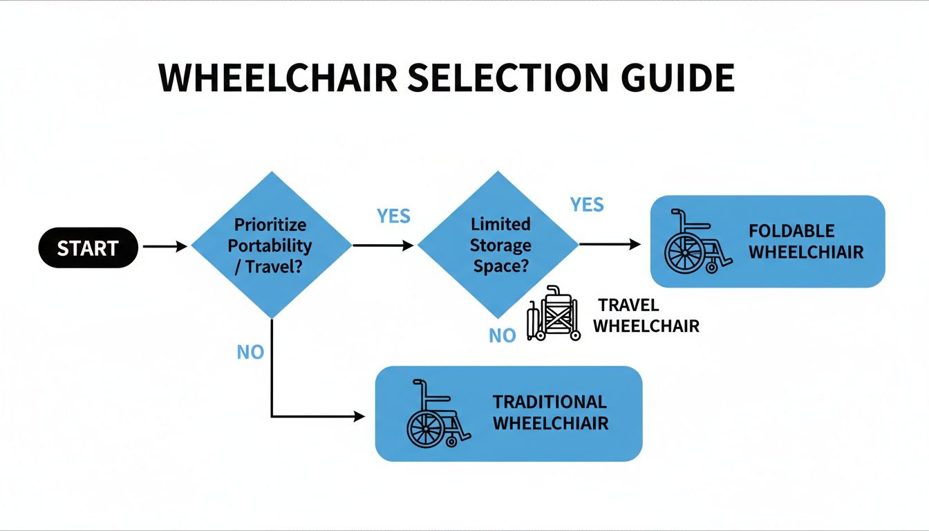 Flowchart guiding wheelchair selection based on prioritizing portability, travel needs, and limited storage space.