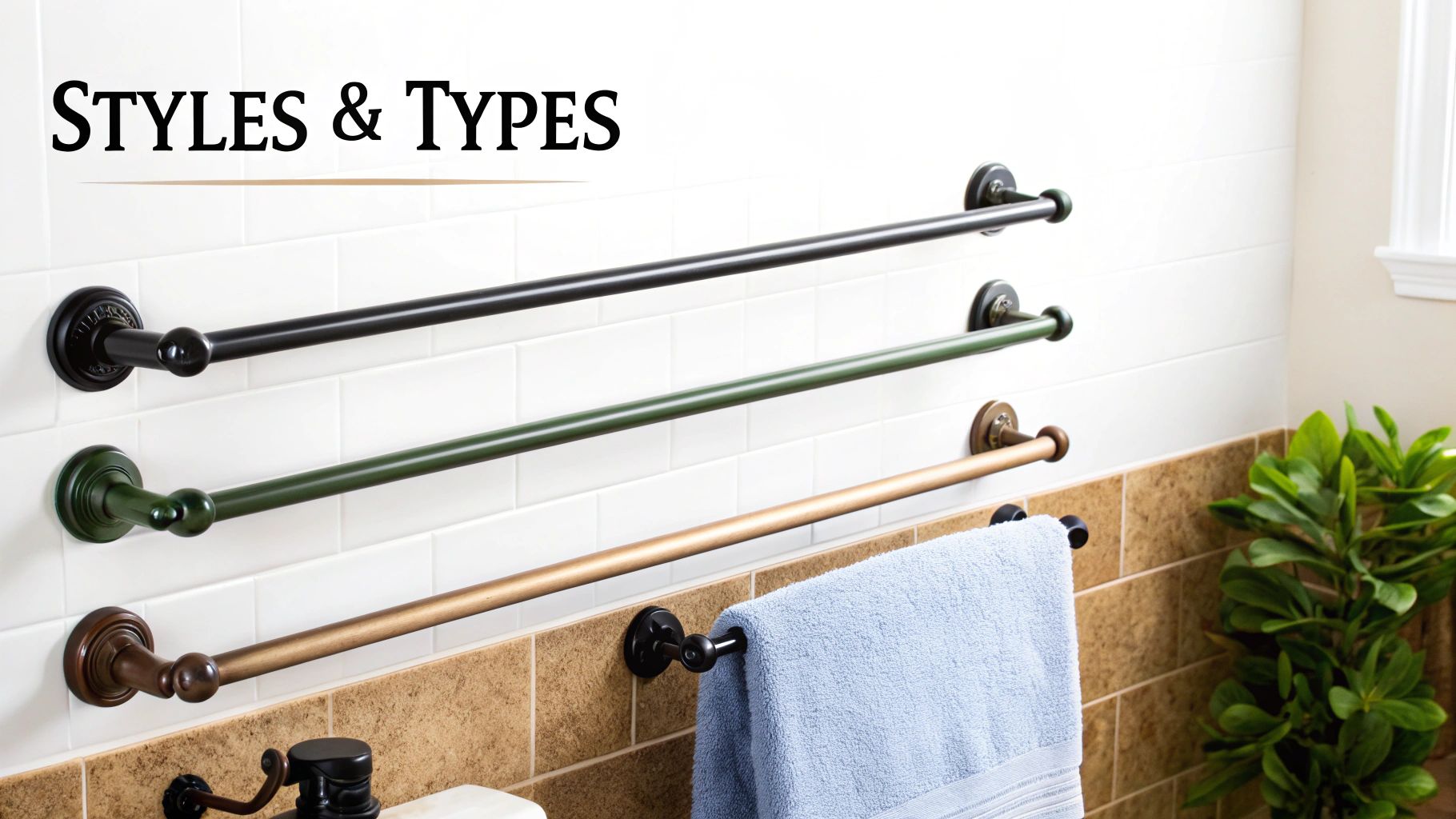Various styles and finishes of bathroom towel bars and rings, including black, green, and bronze, on a tiled wall.
