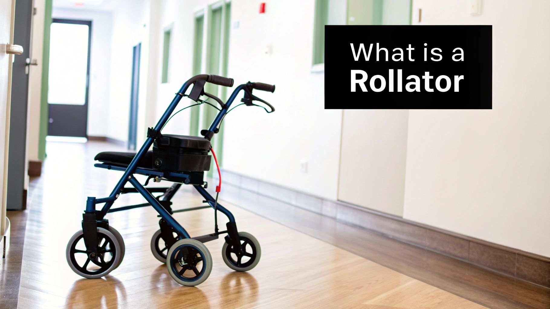 A blue rollator walker with four wheels, a seat, and handbrakes in a bright hospital or clinic hallway.
