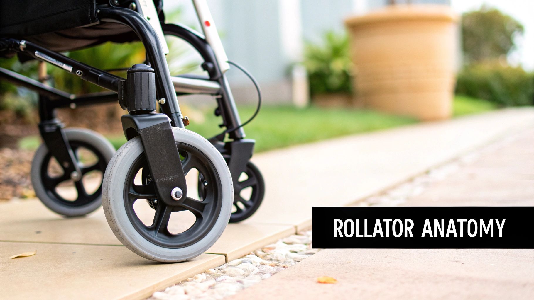 Close-up of a rollator walker's wheels and frame on an outdoor path, with text 'ROLLATOR ANATOMY'.