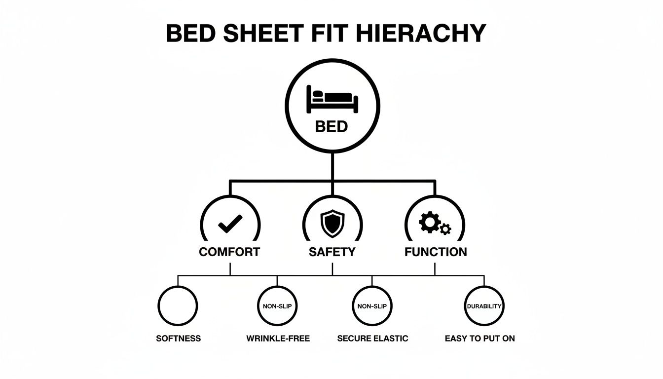 A hierarchy diagram illustrating bed sheet fit factors: comfort (softness, wrinkle-free), safety (non-slip, secure elastic), and function (durability, easy to put on).
