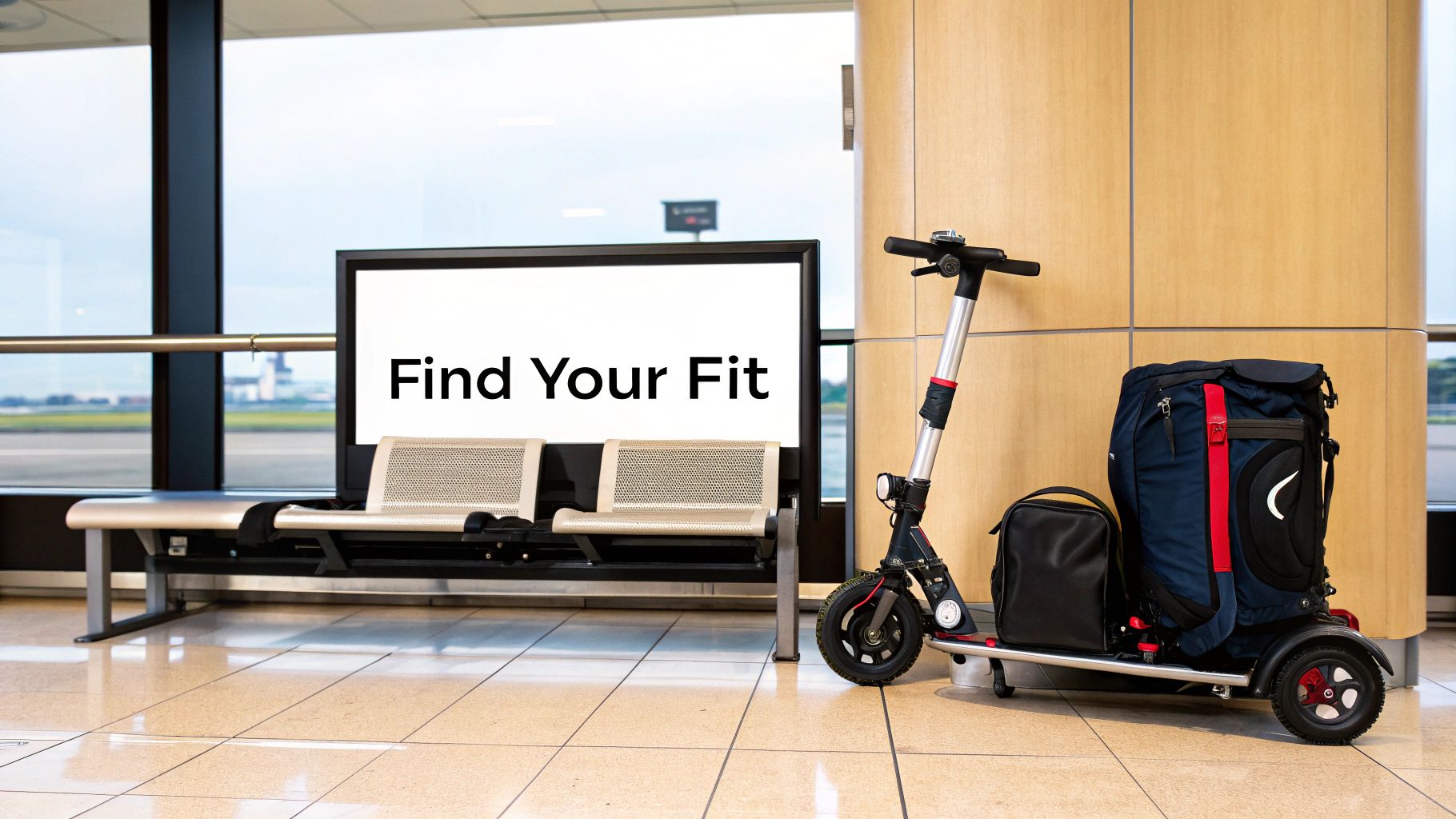 A compact, foldable electric mobility scooter with a large backpack in an airport terminal.